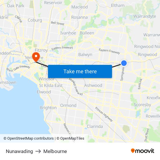 Nunawading to Melbourne map