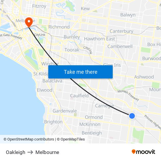 Oakleigh to Melbourne map