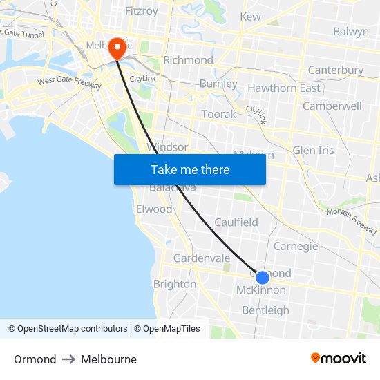 Ormond to Melbourne map