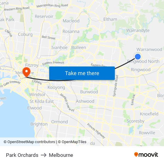 Park Orchards to Melbourne map