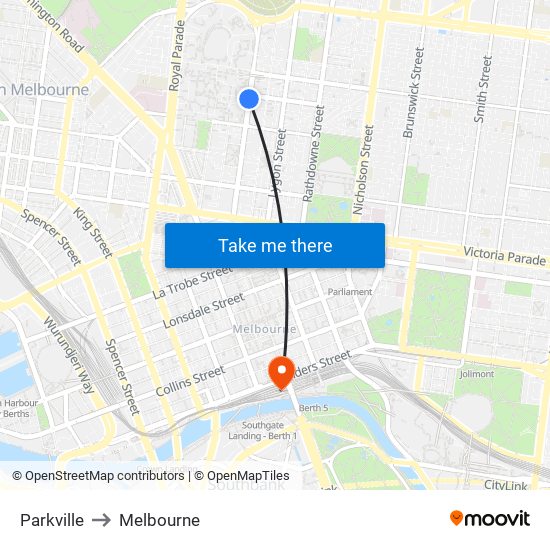Parkville to Melbourne map