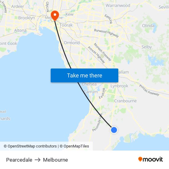 Pearcedale to Melbourne map