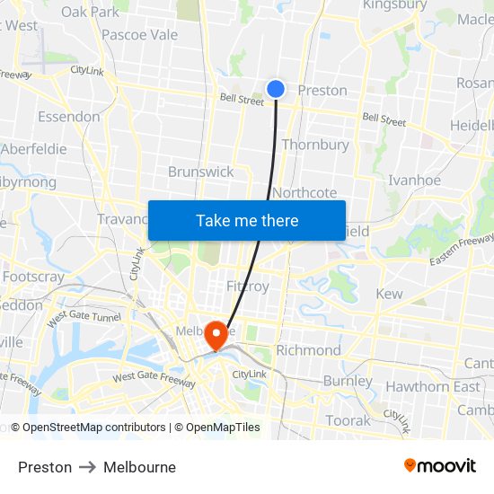 Preston to Melbourne map