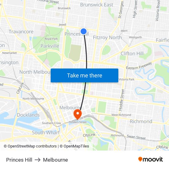 Princes Hill to Melbourne map