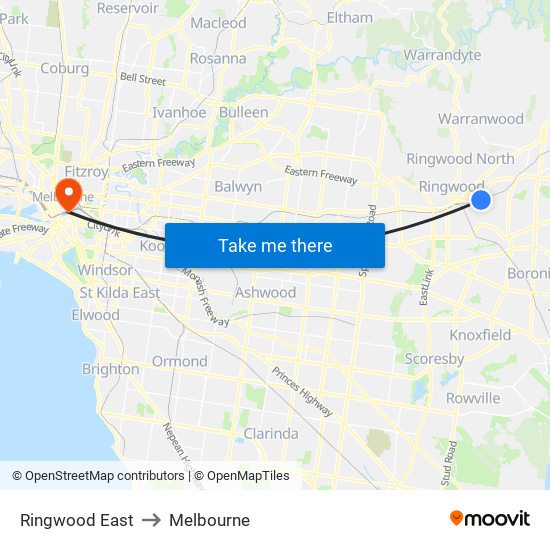 Ringwood East to Melbourne map