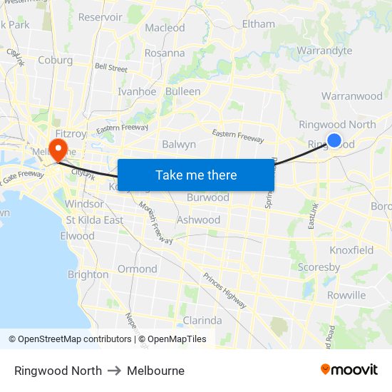 Ringwood North to Melbourne map