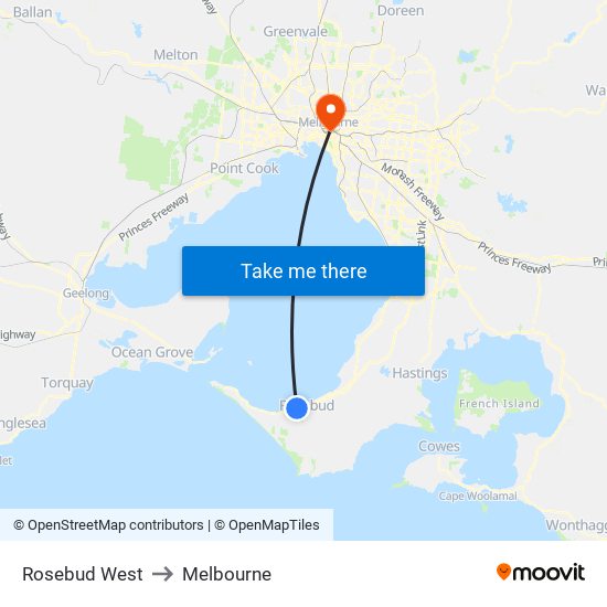 Rosebud West to Melbourne map