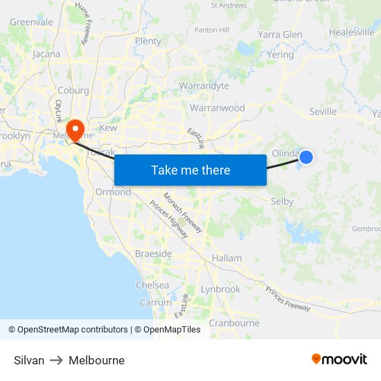 Silvan to Melbourne map