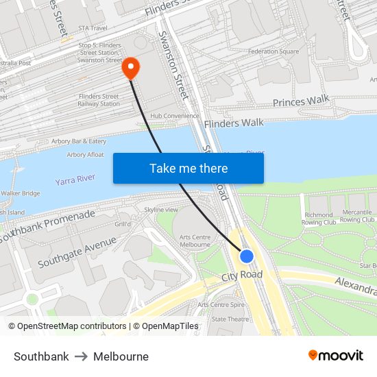 Southbank to Melbourne map
