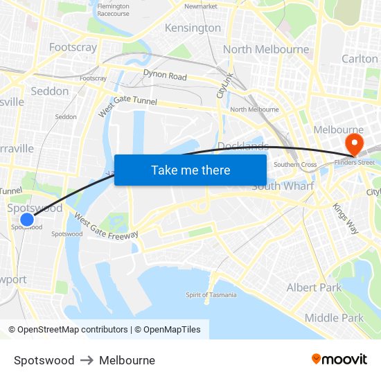 Spotswood to Melbourne map