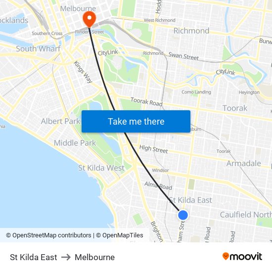 St Kilda East to Melbourne map