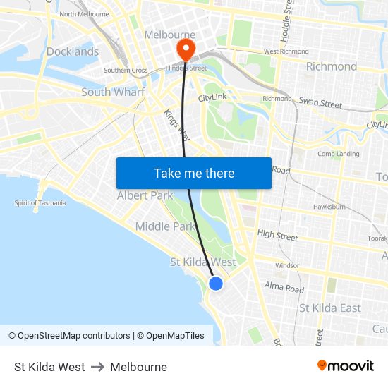 St Kilda West to Melbourne map