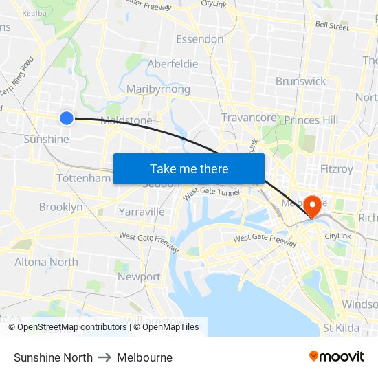 Sunshine North to Melbourne map