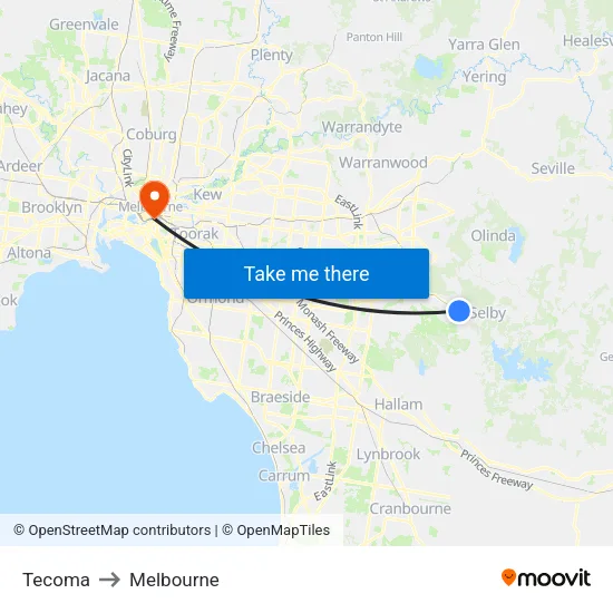 Tecoma to Melbourne map