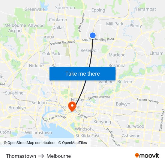 Thomastown to Melbourne map