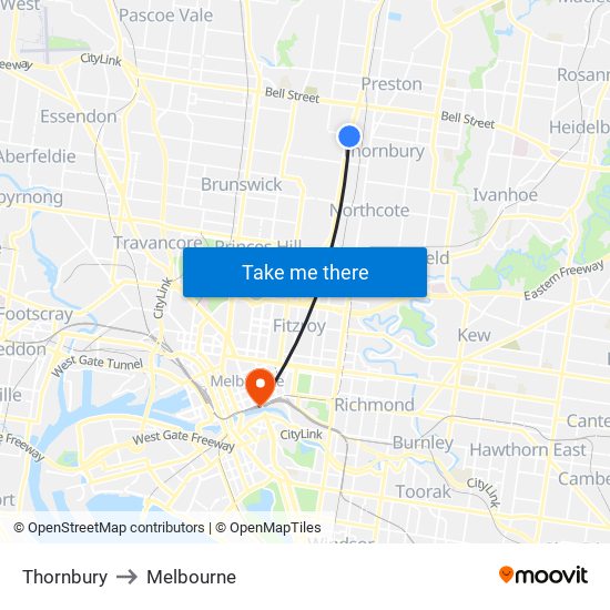 Thornbury to Melbourne map
