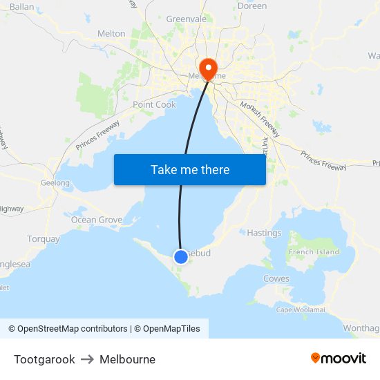 Tootgarook to Melbourne map