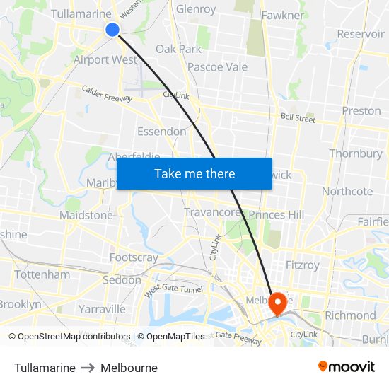 Tullamarine to Melbourne map