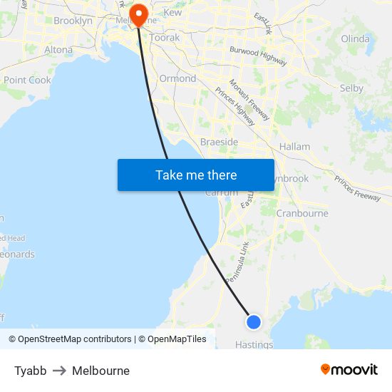 Tyabb to Melbourne map