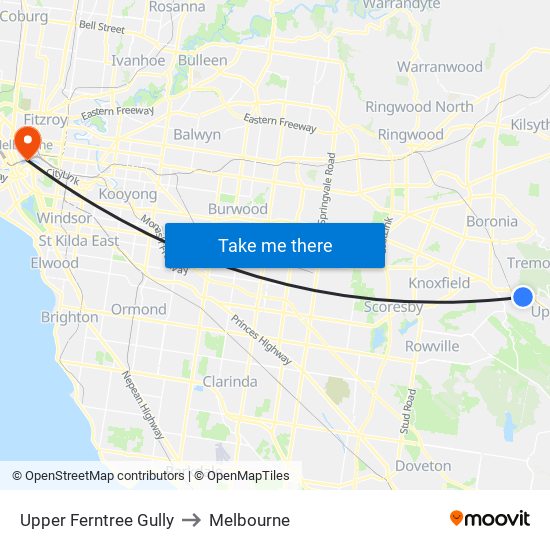 Upper Ferntree Gully to Melbourne map