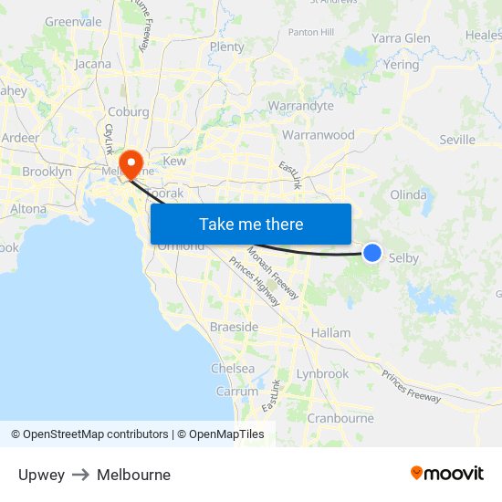 Upwey to Melbourne map