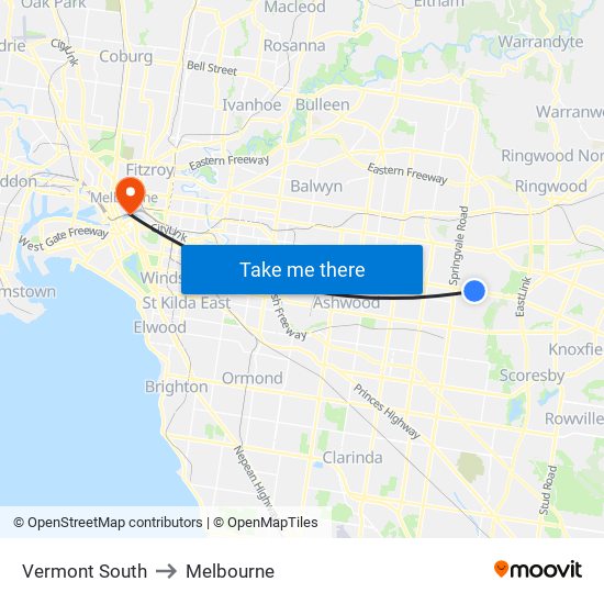 Vermont South to Melbourne map