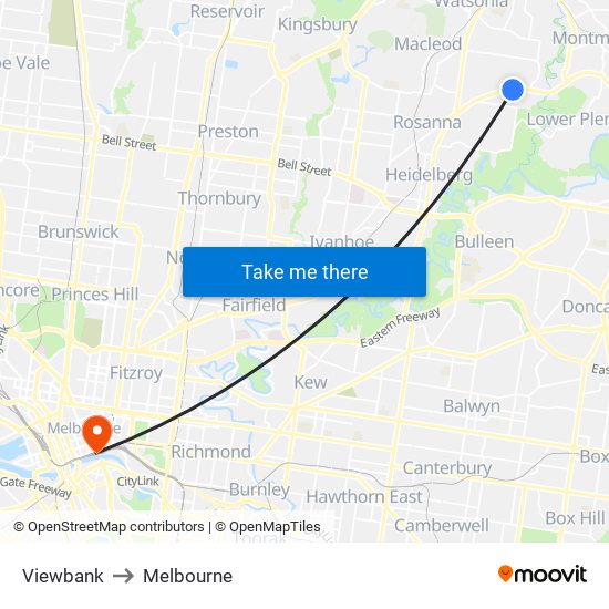 Viewbank to Melbourne map