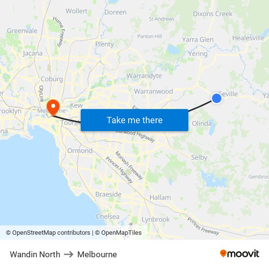 Wandin North to Melbourne map