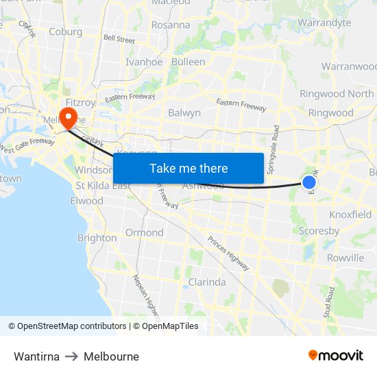 Wantirna to Melbourne map