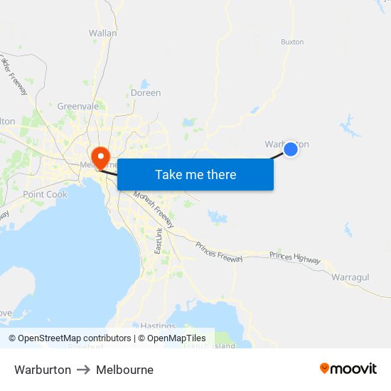 Warburton to Melbourne map