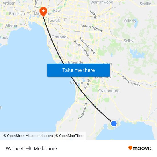 Warneet to Melbourne map