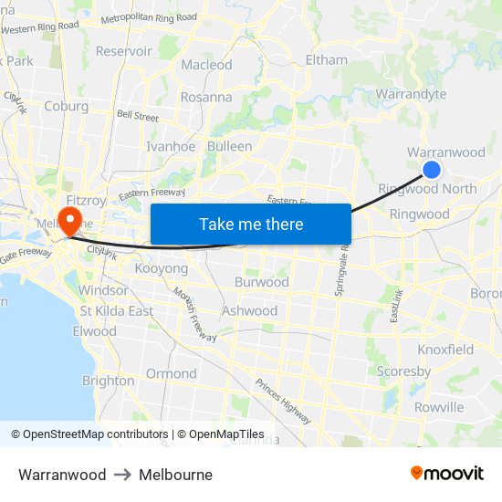 Warranwood to Melbourne map