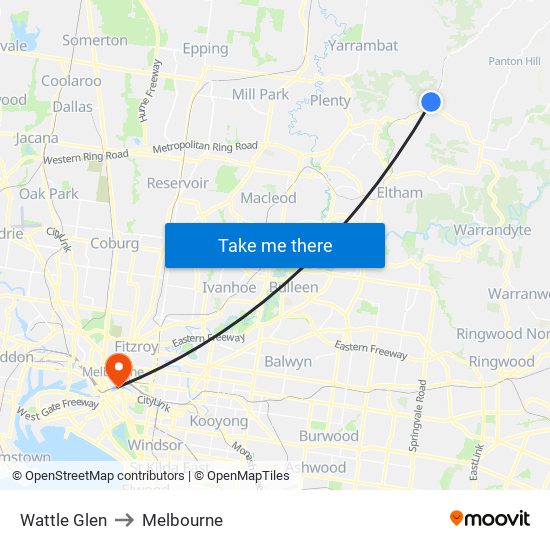 Wattle Glen to Melbourne map