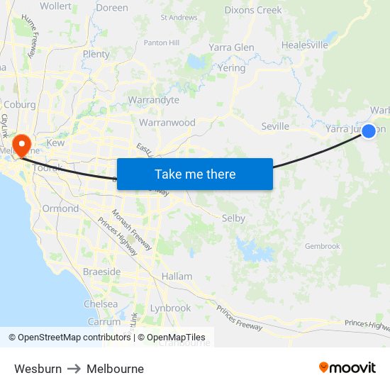 Wesburn to Melbourne map