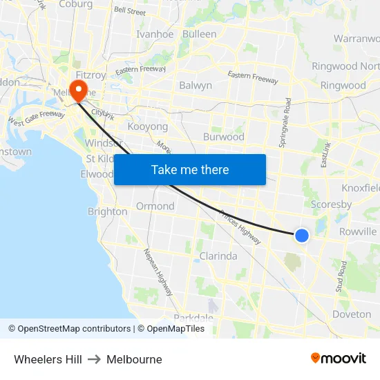 Wheelers Hill to Melbourne map