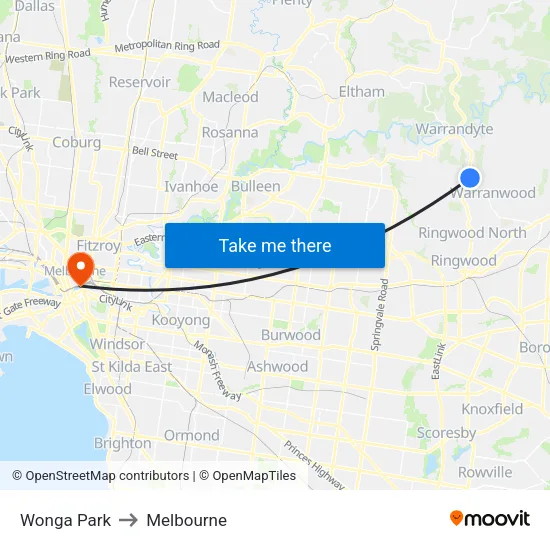 Wonga Park to Melbourne map