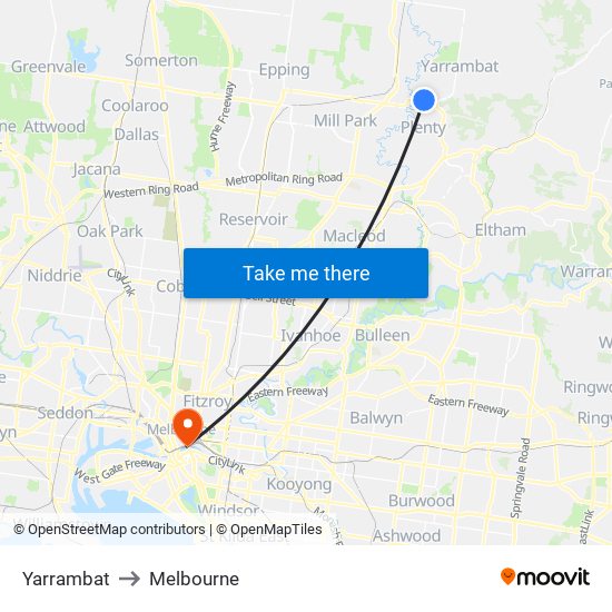 Yarrambat to Melbourne map