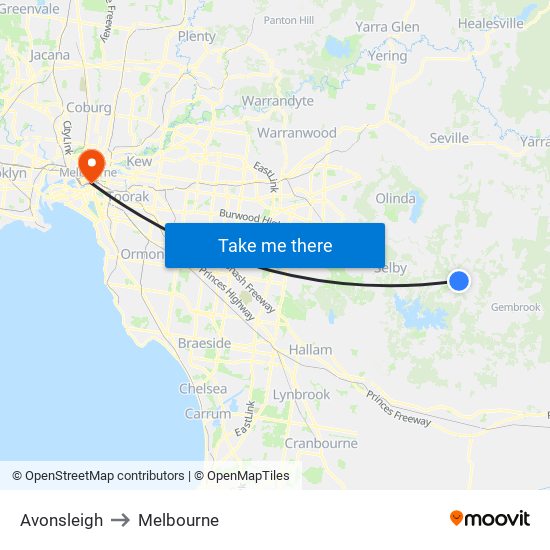 Avonsleigh to Melbourne map