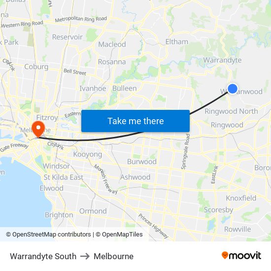 Warrandyte South to Melbourne map