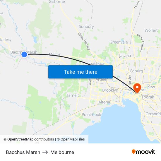 Bacchus Marsh to Melbourne map