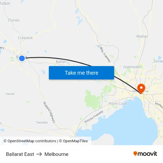 Ballarat East to Melbourne map