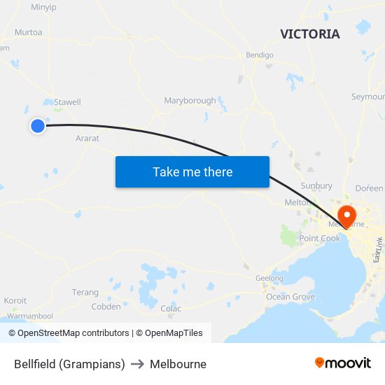 Bellfield (Grampians) to Melbourne map