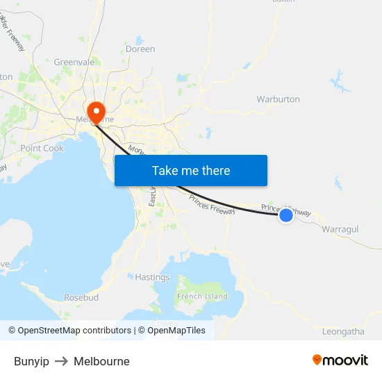 Bunyip to Melbourne map