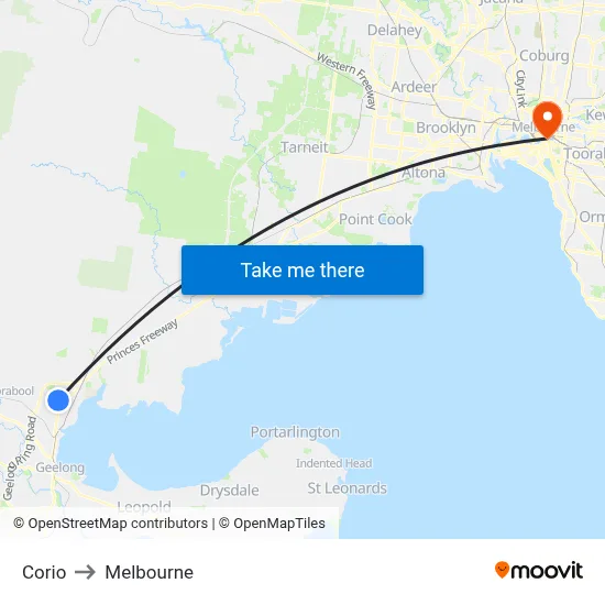 Corio to Melbourne map