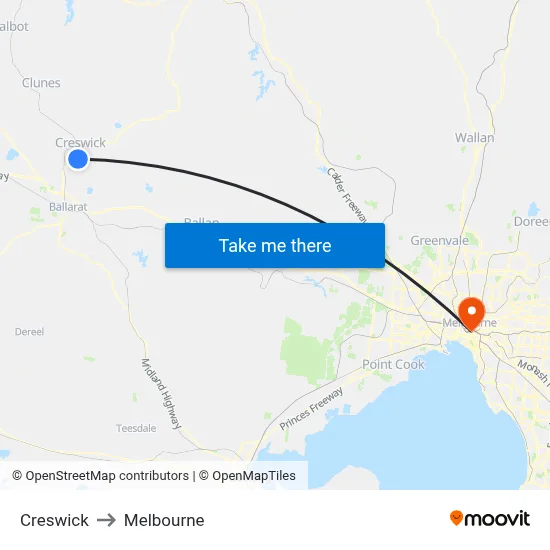 Creswick to Melbourne map