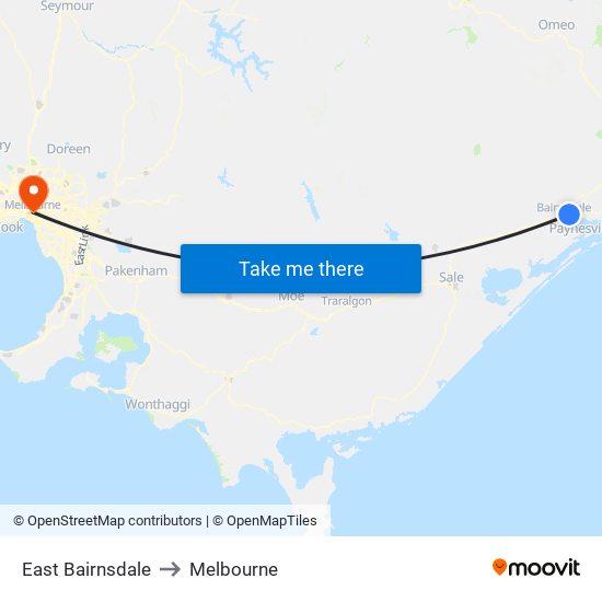 East Bairnsdale to Melbourne map