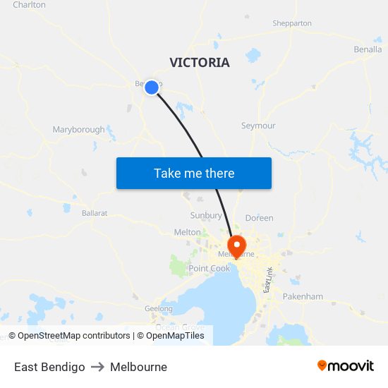 East Bendigo to Melbourne map