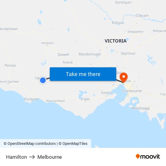 Hamilton to Melbourne map