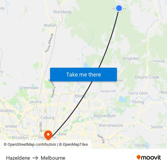 Hazeldene to Melbourne map