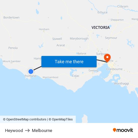 Heywood to Melbourne map